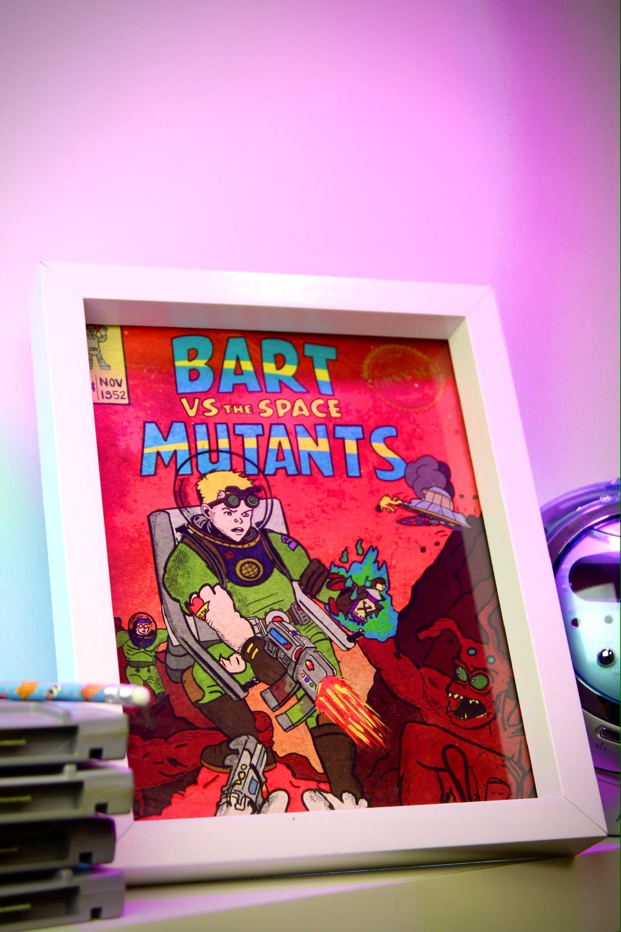 Framed comic book cover titled 'Bart vs the Space Mutants' with a colorful background.