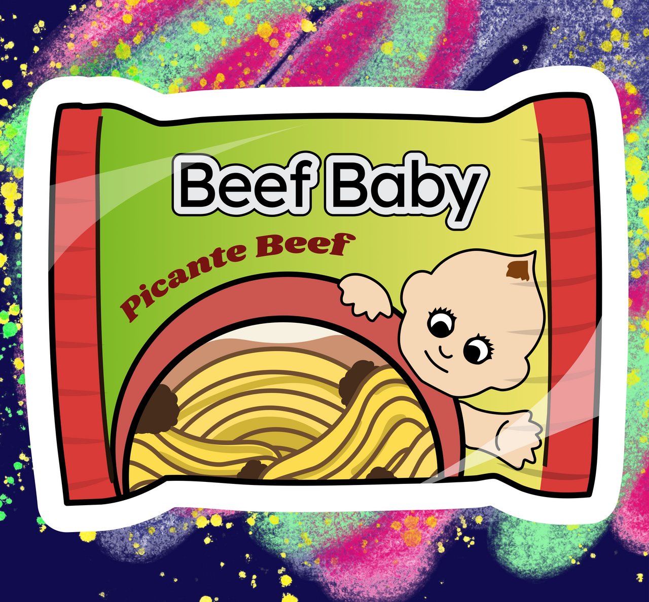 Brooklyn nine nine inspired rectangular vinyl sticker featuring a cartoon baby emerging from a green and red package labeled "Beef Baby" and "Picante Beef" in a bold, vibrant illustration style.