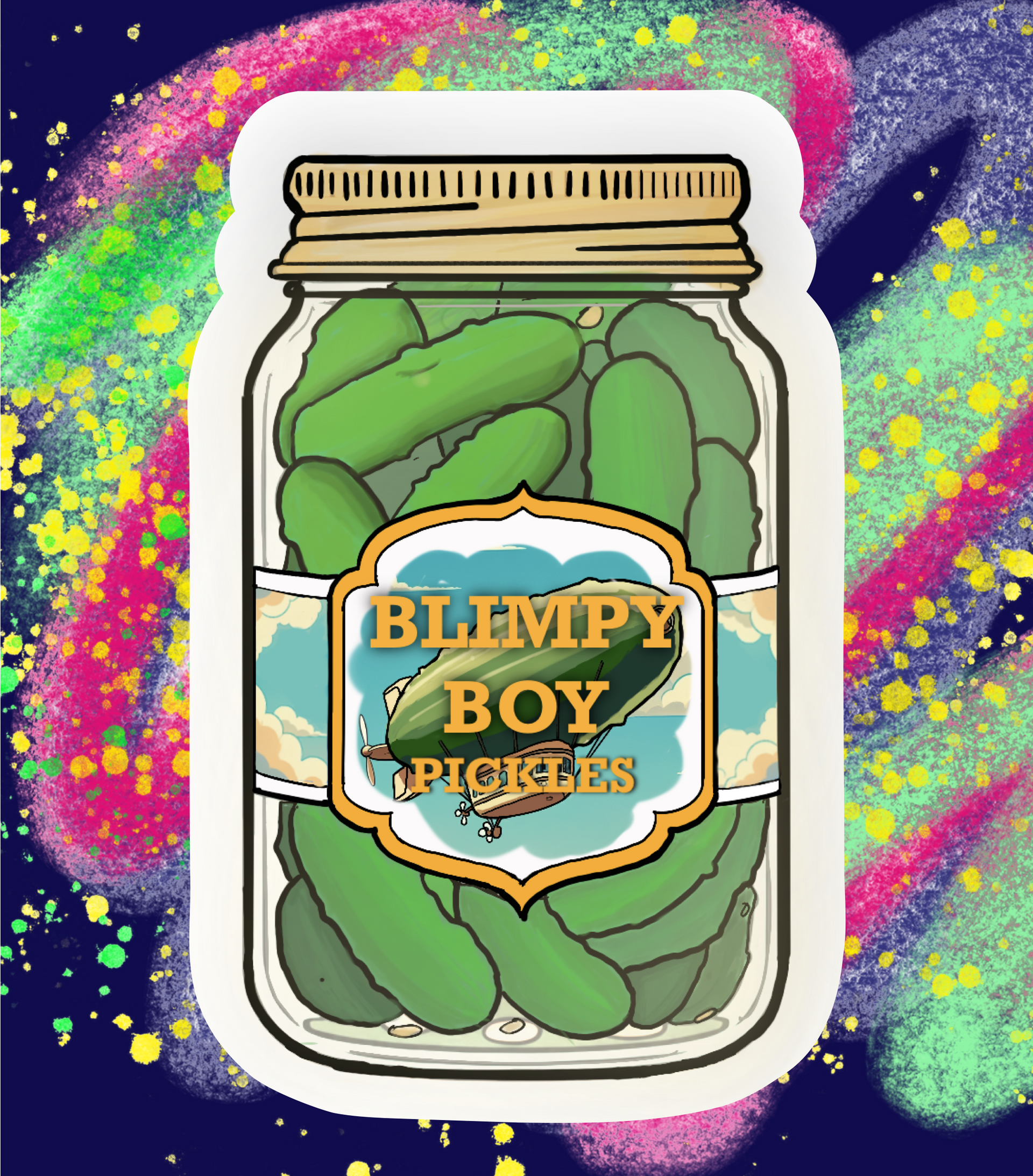 Simpsons-inspired pickle jar sticker with "Blimpy Boy Pickles" label on a colourful background