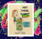 Vintage-style illustration of a woman winking at a jar of pickles labeled "Blimpy Boy Pickles," with accompanying text about them being Springfield's most cromulent snack.