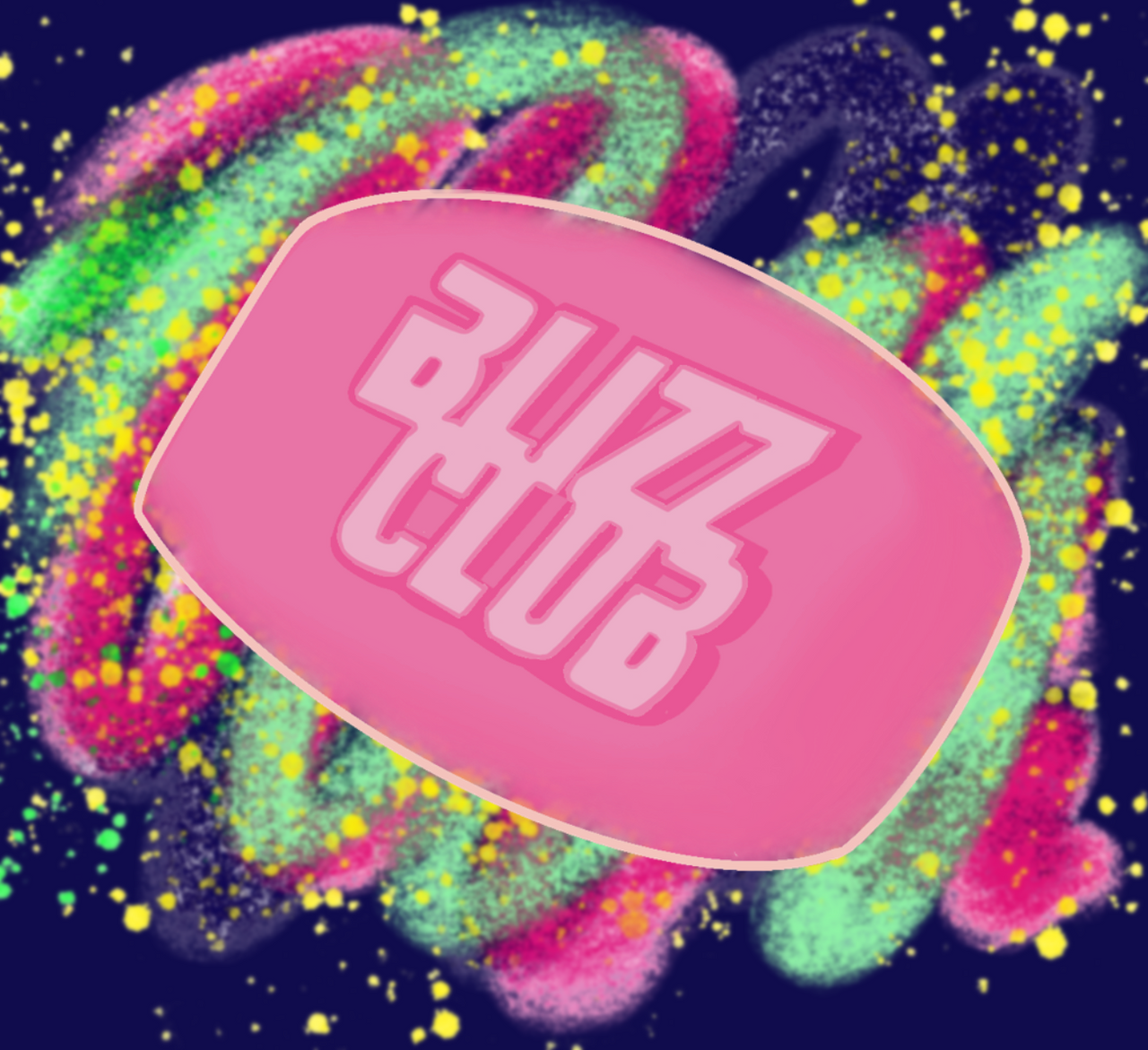 Vibrant pink oval soap vinyl sticker with the text "BLIZZ CLUB" in a rounded font, set against a colorful abstract background of pink, green, and blue. inspired by Fight Club and Brooklyn nine nine 