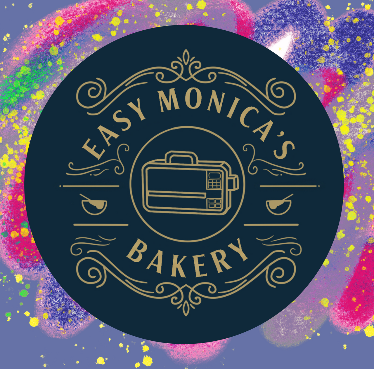Friends inspired Dark blue circular vinyl sticker with a vintage-style gold logo for "EASY MONICA'S BAKERY" featuring ornate scrolls and a central illustration of an easy bake oven.