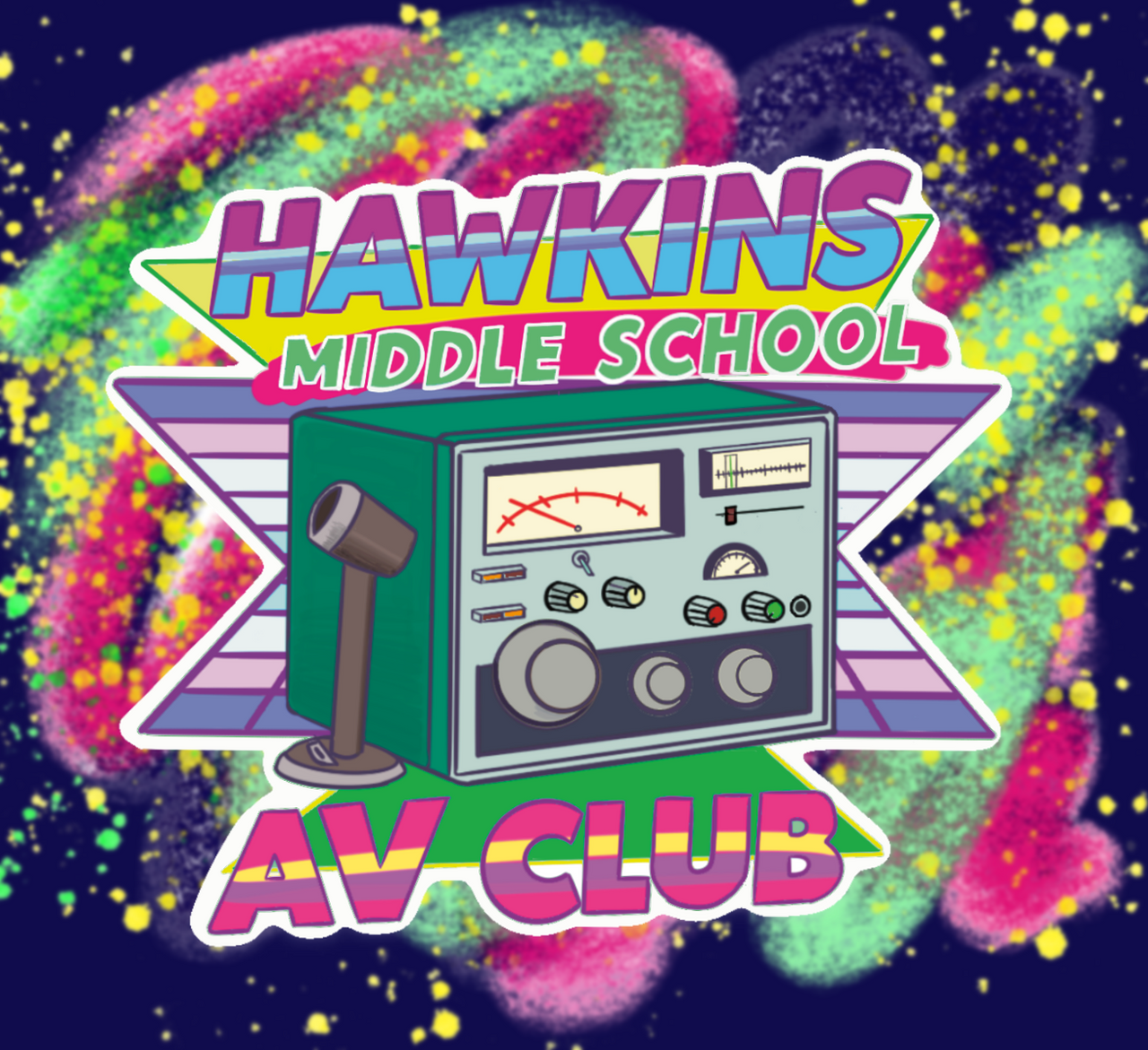 Stranger Things inspired vibrant retro-style vinyl sticker with "HAWKINS MIDDLE SCHOOL AV CLUB" text above and below an illustration of a vintage green radio/intercom, all on a neon pink and green background.