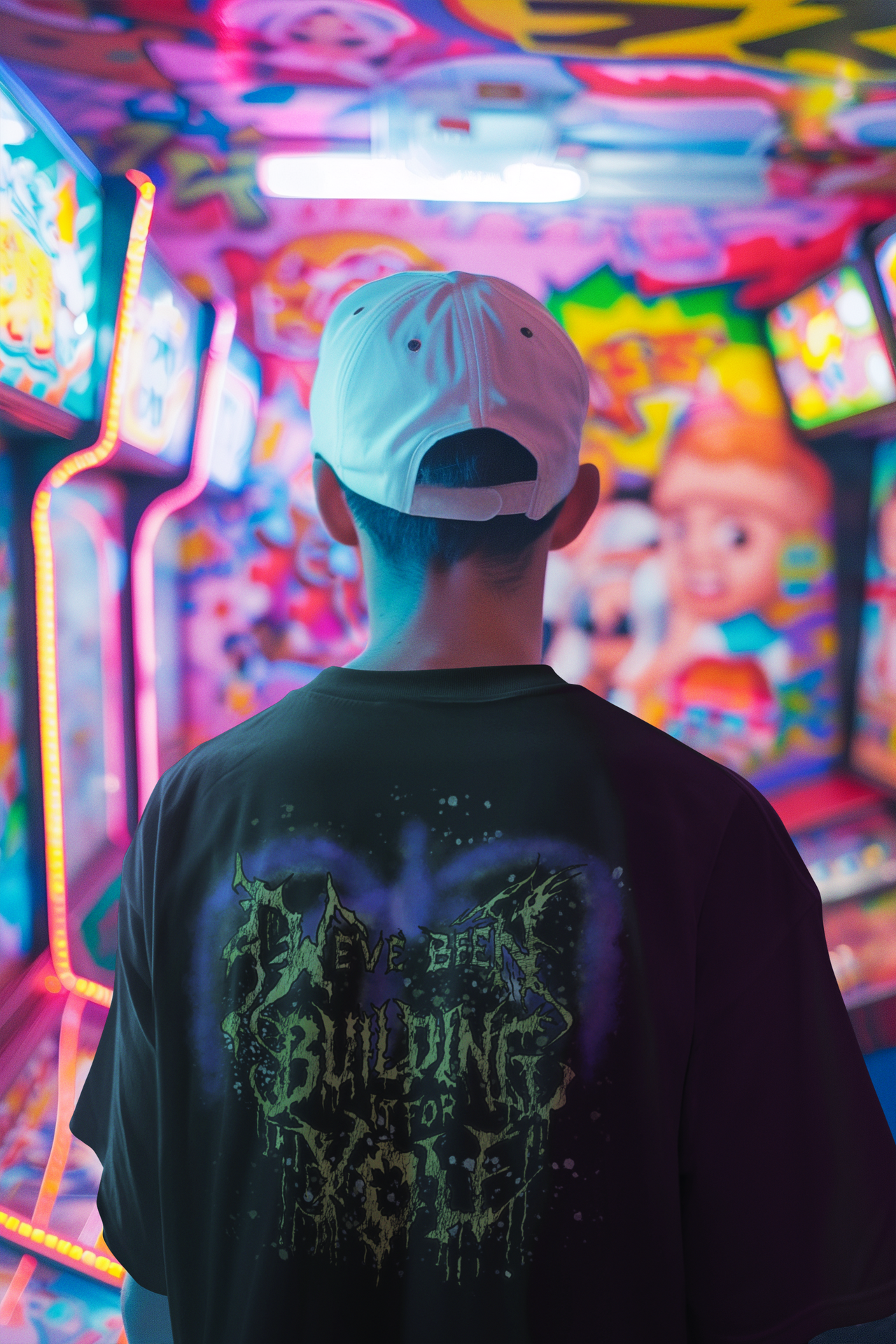 Man with white hat wearing a black tshirt with a distressed heavy metal design that reads "we've been building it for you" 