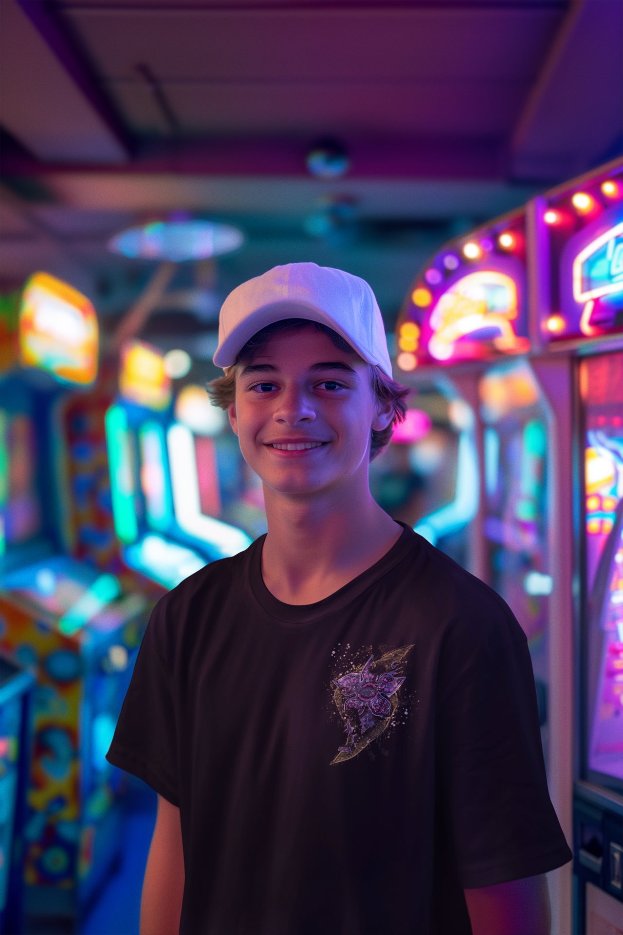 Black t-shirt worn by a young man, featuring a detailed purple and green abstract design with a lightning bolt pattern on the chest with a Stranger Things inspired character popping out 