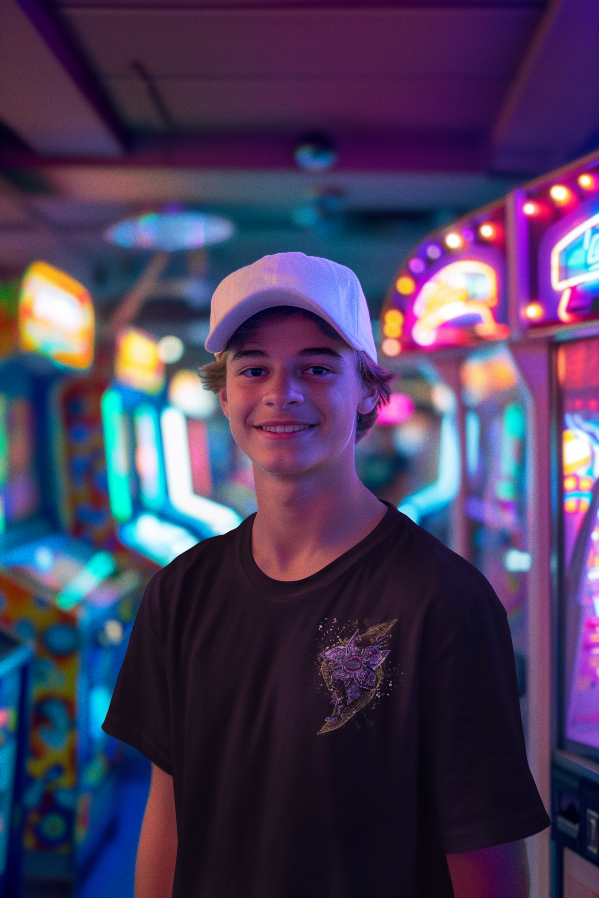 Black t-shirt worn by a young man, featuring a detailed purple and green abstract design with a lightning bolt pattern on the chest with a Stranger Things inspired character popping out 