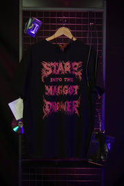 Black tshirt with red text on a dark background