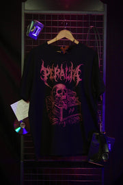 Black t-shirt with pink graphic design on a hanger against a dark background