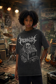 Person wearing a black t-shirt with a graphic design in a rehearsal room setting