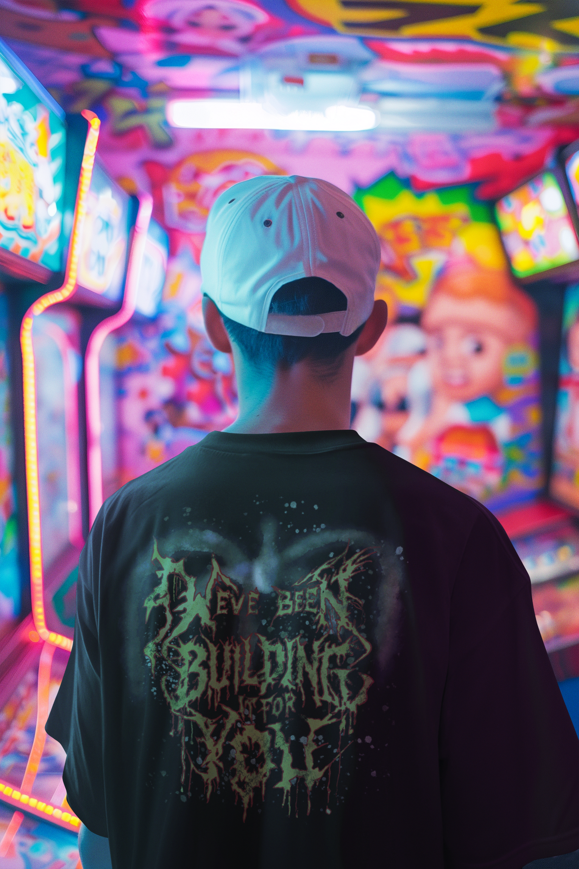 Black t-shirt worn by a young man, featuring a detailed red and gold abstract Stranger Things inspired character, with distressed "We've Been Building It For You" written on the shirt
  
