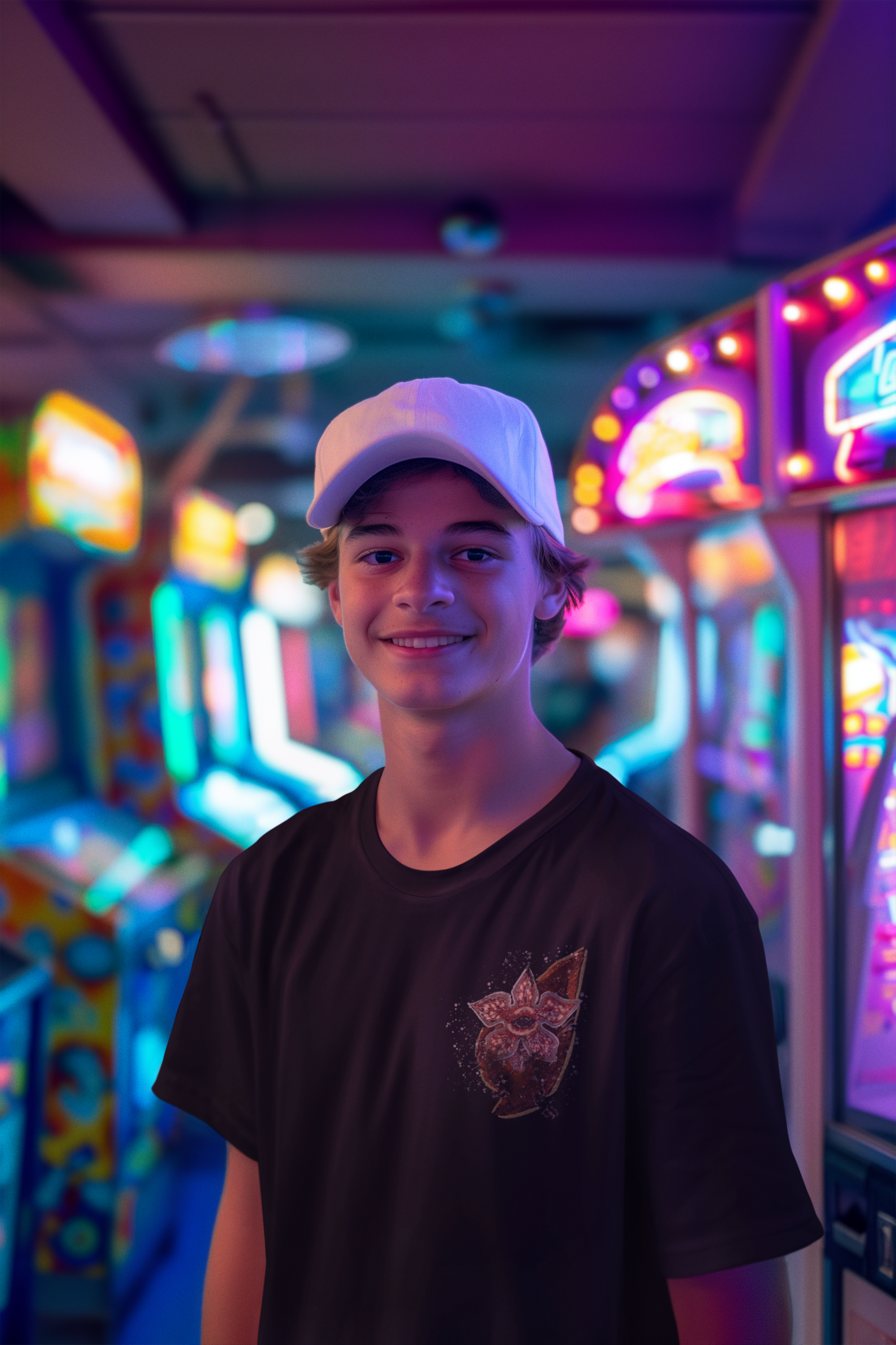 Black t-shirt worn by a young man, featuring a detailed red and gold abstract design with a lightning bolt pattern on the chest with a Stranger Things inspired character popping out 
