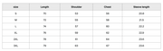 Table displaying size chart for clothing measurements including length, shoulder, chest, and sleeve length.