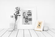 Art print of the Ace of Spades engulfed in flames with the text "THIS SUIT BURNS BETTER", next to retro wall art that reads " HEY THERE BLIMPY BOY!" The Simpsons inspired, Twin Peaks Inspired