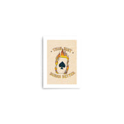 Product mockup of retro ace of spades card on fire with This Suit Burns Better in font