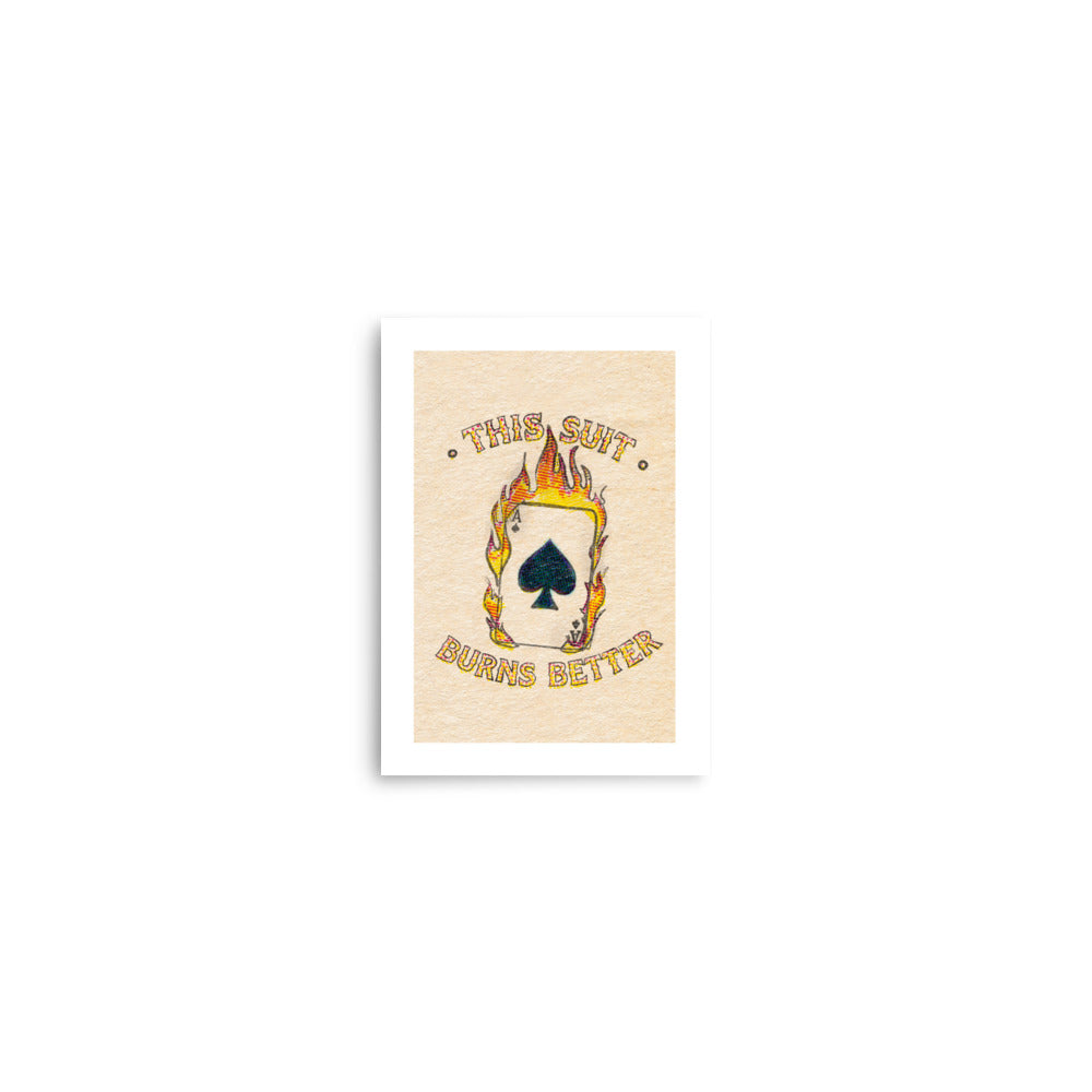 Product mockup of retro ace of spades card on fire with This Suit Burns Better in font