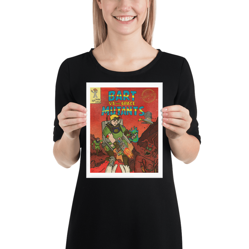 Woman holding, Bart Simpson Inspired Space Mutants Retro Poster, Doom Video game inspired, 8x10 