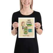 Woman Holding Vintage-style illustration of a woman winking at a jar of pickles labeled "Blimpy Boy Pickles," with accompanying text about them being Springfield's most cromulent snack.
