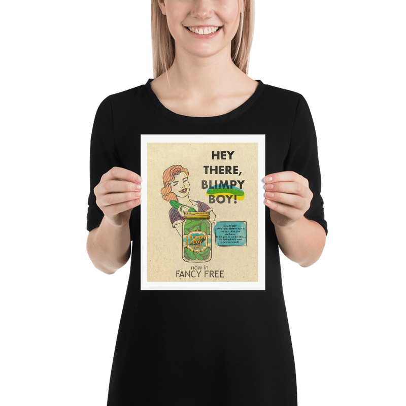 Woman Holding Vintage-style illustration of a woman winking at a jar of pickles labeled "Blimpy Boy Pickles," with accompanying text about them being Springfield's most cromulent snack.